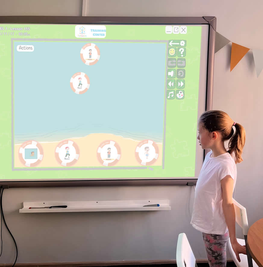 S.M.A.R.T. ESL in action: students engaging with interactive smartboard courseware in a classroom