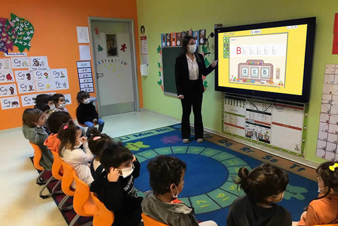 Interactive ESL courseware product displayed on a smartboard in a language center