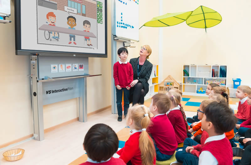 ESL teacher using smartboard technology to deliver interactive lessons with S.M.A.R.T. ESL